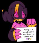  &lt;3 animate_inanimate banette collar doll english_text female generation_3_pokemon hi_res humanoid living_doll mega_banette mega_evolution nintendo penny_(plantpenetrator) pink_body pink_eyes pokemon pokemon_(species) purple_body sign simple_background smile solo text unknown_artist video_games zipper zipper_mouth 