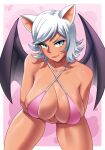  1girl alternate_breast_size animal_ears bare_arms bare_legs bare_shoulders bat_ears bat_girl bat_wings bikini border breast_hold breasts cleavage closed_mouth collarbone criss-cross_halter dark-skinned_female dark_skin dracksart english_commentary eyeshadow green_eyes halterneck highres huge_breasts humanization leaning_forward legs_apart looking_at_viewer makeup navel pink_background pink_bikini rouge_the_bat sagging_breasts short_hair signature smirk solo sonic_(series) swimsuit tan thighs transformation two-tone_background v-shaped_eyebrows white_border white_hair wings 