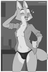  2022 amazinggwen anthro breasts bulge canid canine clothed clothing coffee_mug diane_foxington dreamworks fox gynomorph hi_res intersex mammal monochrome mostly_nude nipple_piercing nipples open_mouth panties panty_bulge partially_clothed piercing solo the_bad_guys tired trans_(lore) underwear waking_up yawn 