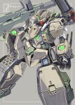  clenched_hand denjyou23 green_eyes grey_background gundam gundam_00 gundam_00p gundam_virtue_physical head_tilt highres mecha mobile_suit robot science_fiction shoulder_cannon solo v-fin 