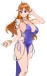  1girl absurdres arm_tattoo bracelet breasts brown_eyes closed_mouth dress earrings highres jewelry joy_boy large_breasts long_hair nami_(one_piece) no_panties one_piece orange_hair purple_dress sideless_outfit simple_background solo tattoo white_background 
