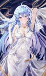  1girl absurdres age_fx ahoge arm_behind_head arm_up armpits azur_lane bangs bare_shoulders blue_hair blush breasts bridal_veil bride cleavage collarbone commentary_request covered_navel dress elbow_gloves gloves helena_(azur_lane) helena_(miracle_in_white)_(azur_lane) highres large_breasts long_hair looking_at_viewer official_alternate_costume purple_eyes solo veil wedding_dress white_dress white_gloves 