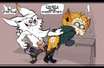  anthro balls bent_over butt clothing comic dialogue duo excited fur genitals heimerdinger_(lol) hi_res humanoid kled_(lol) league_of_legends male male/male naughtybassard penis riot_games surprise torn_clothing video_games white_body white_fur yellow_body yellow_fur yordle 
