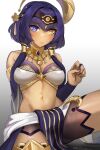  1girl a_big_brother bangs bare_shoulders black_hairband blush candace_(genshin_impact) crop_top genshin_impact gradient gradient_background hairband highres jewelry loincloth long_hair looking_at_viewer midriff navel neck_ring purple_eyes purple_hair sitting solo stomach thighs white_background yellow_eyes 