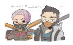  1boy 1girl animification apex_legends black_eyes black_hair crypto_(apex_legends) gradient_hair grey_hair grey_jacket jacket jetpack looking_at_viewer looking_to_the_side machine_language_crypto mask mouth_mask multicolored_hair nojima_minami official_alternate_costume purple_eyes purple_hair short_hair slingshot_valkyrie upper_body v-shaped_eyebrows valkyrie_(apex_legends) white_background 