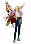  1boy black_pants blonde_hair blue_eyes blue_wings bug butterfly butterfly_wings coat coat_on_shoulders fate/grand_order fate_(series) full_body highres howl_(howl_no_ugoku_shiro) howl_no_ugoku_shiro light_smile oberon_(fate) oberon_(third_ascension)_(fate) orange_wings pants patterned_clothing shirt simple_background studio_ghibli white_background white_shirt wings xuanllli 