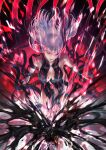  1girl black_dress black_ribbon body_markings breasts coma2 corruption crack dark_persona dark_sakura dress evil_smile fate/stay_night fate_(series) hair_ribbon heaven&#039;s_feel highres holy_grail_(fate) large_breasts long_hair looking_down matou_sakura open_mouth purple_hair red_eyes ribbon smile 