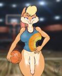  ball balls basketball_(ball) basketball_court big_breasts blue_eyes breasts brown_body brown_fur clothed clothing foreskin fur genitals hi_res intersex lagomorph leporid lola_bunny long_ears looney_tunes mammal narrowed_eyes partially_clothed penis rabbit space_jam tenides warner_brothers 