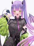  1girl absurdres belt blush bra_visible_through_clothes breasts cowboy_shot demon_girl demon_horns demon_tail detached_sleeves fang green_eyes highres hololive horns long_hair long_sleeves looking_at_viewer medium_breasts open_mouth piercing purple_hair runlan_0329 see-through short_sleeves side_ponytail sidelocks simple_background solo tail tail_ornament tail_piercing tokoyami_towa tongue tongue_out very_long_hair virtual_youtuber white_background wide_sleeves wings zipper_pull_tab 