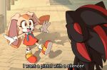  1boy 1girl commentary cream_the_rabbit dress english_commentary furry furry_female furry_male highres kiikoi11 looking_at_another open_mouth rabbit_girl red_dress shadow shadow_the_hedgehog sonic_(series) spy_x_family standing standing_on_one_leg subtitled 