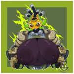  absurd_res areola armor big_breasts blizzard_entertainment breasts bust_portrait christomwow cleavage clothed clothing dark_body female happy hi_res horn huge_breasts humanoid inverted_nipples machine nipples omnic orisa_(overwatch) overwatch portrait puffy_areola puffy_nipples robot simple_background solo synthetic video_games 