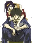  1boy 1girl black_hair cigarette closed_mouth couple cowboy_bebop faye_valentine green_eyes hairband highres necktie purple_hair red_eyes shadow shealy simple_background sitting smile spike_spiegel white_background yellow_hairband 