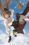  1girl ahoge aircraft airplane ankle_boots asymmetrical_legwear bangs belt boots brown_corset brown_eyes brown_hair cleavage_cutout clothing_cutout cloud cloudy_sky corset dagger falling feather_hair_ornament feathers friend_(nanashi_mumei) gloves hair_ornament hairclip hand_up highres hololive hololive_english knee_strap kneehighs knife lantern long_hair looking_at_viewer multicolored_hair nanashi_mumei partially_fingerless_gloves pleated_skirt ponytail pouch red_skirt runes shirt single_kneehigh single_sock single_thighhigh skirt sky smile socks streaked_hair thigh_strap thighhighs very_long_hair virtual_youtuber weapon white_shirt ybpac18 