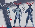  2022 abstract_background absurd_res anthro antlers artist_logo artist_name athletic athletic_anthro athletic_male black_hooves blue_body blue_eyes blue_fur butt cervid color_swatch dated fangs featureless_crotch front_view fur gloves_(marking) hi_res hooves horn leg_markings logo looking_at_viewer male mammal markings model_sheet narrowed_eyes navel nipples rear_view red_antlers roland_(drakkensergal) socks_(marking) solo vinyanko 