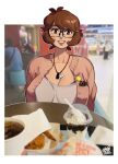  1girl black_bra bra breasts brown_eyes brown_hair cleavage collarbone dated glasses grey_shirt highres jewelry large_breasts looking_at_viewer mcdonald&#039;s necklace original parted_lips photo_background pink_sweater pov_across_table pov_dating shirt smile snowcie snowciel solo sweater underwear 