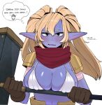  armor big_breasts bikini blonde_hair blush breasts cleavage clothed clothing embarrassed female hair hammer humanoid humanoid_pointy_ears league_of_legends melee_weapon micro_bikini ohasiart pigtails poppy_(lol) riot_games short_stack skimpy solo swimwear tools video_games weapon yordle 
