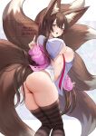  1girl animal_ear_fluff animal_ears artist_name ass black_thighhighs bottomless breasts brown_hair character_request commentary commission dot_nose forehead fox_ears fox_girl fox_tail green_eyes hair_between_eyes highres knees_together_feet_apart large_breasts long_hair looking_at_viewer looking_back multiple_tails naked_shirt navel off_shoulder open_clothes open_shirt original parted_lips pink_sleeves plushmallow shirt skeb_commission sleeves_past_wrists solo standing stomach tail teeth thighhighs thighs tongue tongue_out udaruyo underboob upper_teeth very_long_hair watermark white_background white_shirt 