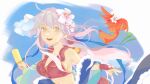  1girl :d bangs bikini bird blue_scarf breasts cleavage commentary_request fire_emblem fire_emblem:_radiant_dawn fire_emblem_heroes floating_hair flower food gloves grey_hair hair_flower hair_ornament hair_ribbon half_updo highres holding holding_food long_hair looking_at_viewer medium_breasts micaiah_(fire_emblem) muted_color official_alternate_costume open_mouth popsicle red_bikini red_gloves red_swimsuit ribbon scarf smile solo swimsuit towel upper_body virno yellow_eyes yune_(fire_emblem) 