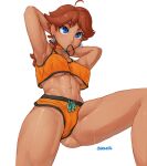  1girl ahoge armpits arms_behind_head artist_name blue_eyes brown_hair cameltoe choker covered_nipples earrings highres jewelry mario_(series) mouth_hold orange_choker orange_shorts orange_tank_top princess_daisy seraziel shorts simple_background solo sweat tank_top white_background 