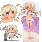  1girl adapted_costume barefoot bikini crossover ebisu_eika futa_(nabezoko) geodude grey_hair holding_rock long_earlobes navel off-shoulder_bikini off_shoulder pokemon pokemon_(creature) rock_balancing solo stone swimsuit touhou water 