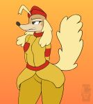  absurd_res brown_body brown_fur canid canine canis clothing cuphead_(character) cuphead_(game) domestic_dog female fur hi_res looking_away mammal pilot_saluki_(cuphead) pilot_uniform raised_tail simple_background tenides uniform video_games 