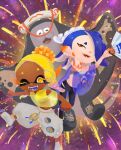  1boy 1girl 1other ;d big_man_(splatoon) black_pants blonde_hair blue_hair chest_sarashi clenched_hands clothing_cutout colored_eyelashes colored_skin colored_tongue crop_top cross-shaped_pupils dark-skinned_female dark_skin earrings fangs folding_fan food food_on_head forehead frye_(splatoon) gradient_hair groin hachimaki hair_over_one_eye hand_fan harem_pants headband highres holding holding_fan jewelry long_hair looking_at_viewer manta_ray multicolored_hair multicolored_skin multiple_earrings navel nejiri_hachimaki object_on_head one_eye_closed orange_skin outstretched_arms pants pointy_ears poncho purple_hair purple_skin purple_tongue red_eyes red_pupils ricco_(pixiv74946264) sarashi see-through shiver_(splatoon) sleeveless smile socks splatoon_(series) splatoon_3 teeth tempura tentacle_hair toeless_legwear turtleneck turtleneck_crop_top two-tone_hair two-tone_skin white_pants white_socks yellow_crop_top yellow_eyes yellow_pupils 