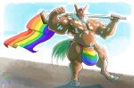  2020 5_fingers anthro big_bulge big_muscles brown_body brown_fur brown_hair bulge chimera clothing fangs fingers fist flag flexing_bicep fur genital_outline hair hi_res holding_flag holding_object hooves huge_bulge lgbt_pride looking_at_viewer male multicolored_clothing multicolored_underwear musclegut muscular muscular_anthro muscular_male navel on_one_leg open_mouth pecs pink_tongue pride_color_clothing pride_color_flag pride_colors rainbow_clothing rainbow_underwear sabertooth_(anatomy) sheath_outline siriusdog solo spots standing teeth tongue underwear villam_(randsom) white_spots 