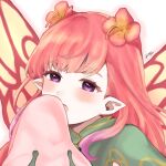  1girl bangs blunt_bangs fairy fairy_wings fire_emblem fire_emblem_heroes highres long_hair long_sleeves looking_at_viewer mirabilis_(fire_emblem) misato_hao pink_hair pointy_ears purple_eyes signature sleeves_past_fingers sleeves_past_wrists solo teardrop upper_body white_background wings yawning 