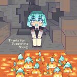  1other :d aqua_eyes aqua_hair black_footwear black_shirt block burning cave cave_interior diamond_(gemstone) diamond_(houseki_no_kuni) elbow_gloves english_text facing_viewer fire gem gem_uniform_(houseki_no_kuni) gloves houseki_no_kuni kimberkcally minecraft molten_rock necktie nervous nervous_smile open_mouth other_focus parody pixel_art pixelated puffy_short_sleeves puffy_sleeves rock shirt short_hair short_jumpsuit short_sleeves smile sweat sweatdrop sweating_profusely white_gloves white_shirt 