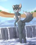  absurd_res anthro arm_tuft black_nose bottomless breasts butt canid canine canis clothed clothing day detailed_background eyebrow_through_hair eyebrows female fur grey_body grey_fur grey_hair hair hair_over_eye hi_res highlights_(coloring) looking_back mammal off_shoulder one_eye_obstructed outside partially_submerged raised_tail red_eyes shirt short_hair smile solo standing tank_top tinygaypirate topwear translucent translucent_hair tuft water wet wolf 