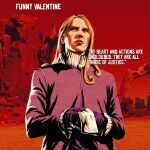  1boy blonde_hair brown_eyes character_name closed_mouth english_text eyyobrar funny_valentine gloves highres holding jacket jojo_no_kimyou_na_bouken long_hair long_sleeves looking_away male_focus napkin pink_jacket purple_gloves red_background red_dead_redemption solo steel_ball_run upper_body 