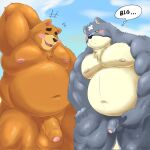  2022 animal_crossing anthro balls band-aid bandage belly big_belly blush bodily_fluids curt_(animal_crossing) duo english_text eyes_closed flaccid genitals gomdepp hi_res humanoid_genitalia humanoid_hands humanoid_penis kemono male male/male mammal moobs navel nintendo nipples outside overweight overweight_male penis penis_size_difference sweat teddy_(animal_crossing) text ursid video_games 
