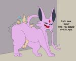  absurd_res ambiguous_gender big_butt butt butt_slam colored duo eeveelution emanata english_text espeon feral fur generation_2_pokemon grinding hi_res kobold nintendo onomatopoeia pokemon pokemon_(species) purple_body purple_fur size_difference skunkwhoplunks smothering sushiamazing text trapped trapped_in_butt video_games wall 
