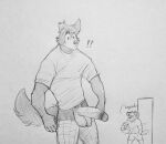  anthro balls beastars big_penis bird_dog black_and_white bottomwear bottomwear_down canid canine canis caught circumcised clothed clothing domestic_dog duo erection exclamation_point genitals hi_res hunting_dog jack_(beastars) labrador legoshi_(beastars) lewd_bunnie male mammal monochrome pants pants_down partially_clothed penis retriever scar shirt sketch t-shirt topwear vein veiny_penis wolf 