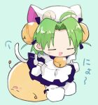 1girl :d ahoge animal_hands animal_hat apron bangs bell blush cat_hat cat_tail chibi closed_eyes di_gi_charat dress gema gloves green_hair hair_bell hair_ornament hair_ribbon hano_luno hat highres neck_bell open_mouth parted_bangs paw_gloves paw_shoes puffy_short_sleeves puffy_sleeves ribbon short_hair short_sleeves smile tail translation_request 