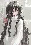  1girl absurdres black_hair dress hair_between_eyes hair_ribbon highres lead_white_(tsurunoka) long_hair original red_eyes red_ribbon ribbon solo tsumetai_(tsurunoka) upper_body very_long_hair white_dress 