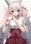  1girl absurdres animal_ear_fluff animal_ears bangs bare_shoulders bow braid breasts closed_mouth detached_sleeves floral_background fox_ears fox_girl fox_tail grey_background grey_hair hair_between_eyes hair_bow hair_ornament hairclip hakama hakama_skirt hands_up heart heart_hands highres hinata_(user_rjkt4745) japanese_clothes kimono long_hair long_sleeves medium_breasts original pink_background red_bow red_eyes red_hakama ribbon-trimmed_sleeves ribbon_trim side_braid single_braid skirt sleeveless sleeveless_kimono smile solo tail two-tone_background very_long_hair white_kimono white_sleeves wide_sleeves 