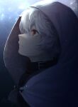  1boy ai_wt1229 albino belt black_bodysuit bodysuit breasts cloak closed_mouth from_side hood hood_up hooded_cloak kuga_yuuma light_particles looking_away male_focus portrait profile red_eyes short_hair signature solo sparkle white_hair world_trigger 