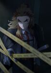  1boy alternate_costume belt belt_buckle black_jacket black_pants blonde_hair brown_belt buckle caution_tape closed_mouth collared_shirt frown gloves grey_gloves highres indoors jacket jacket_on_shoulders keep_out kimetsu_no_yaiba long_hair looking_at_viewer male_focus multicolored_hair necktie pants red_hair red_necktie remsor076 rengoku_kyoujurou shirt solo standing straight_hair twitter_username two-tone_hair white_shirt wing_collar yellow_eyes 