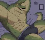  2022 abs absurd_res alligator alligatorid anthro bed biped bulge clothed clothing countershading crocodilian detailed_bulge digital_media_(artwork) erection erection_under_clothing furniture gakujo genital_outline green_body green_scales hi_res inside lying male muscular muscular_anthro muscular_male on_back on_bed open_mouth pecs penis_outline pupils reptile scales scalie slit_pupils solo tan_body tan_scales yellow_eyes 