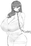  1girl bangs belt_collar blush bra breasts chain chain_leash closed_mouth collar copyright_request doinaka dress ear_tag gigantic_breasts greyscale highres leash long_hair looking_at_viewer monochrome own_hands_together panties see-through see-through_dress solo sweat underwear 