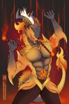  anthro bottomwear clothed clothing dragon dralic fire grey_body hi_res hynvale lava male muscular nunchuks orange_body pants rona_(enryu91) smile smirk solo topless topless_anthro topless_male yellow_eyes 