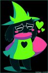  &lt;3 blush caikslyce clothing darkner dated deltarune eyes_closed eyewear glasses green_clothing green_hat green_headwear hat headgear headwear hi_res ralsei scarf signature simple_background solo text undertale_(series) video_games 