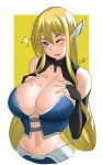  1girl aori_sora astraea bare_shoulders blonde_hair blush breasts cleavage elbow_gloves gloves highres large_breasts long_hair looking_at_viewer midriff navel one_eye_closed red_eyes solo sora_no_otoshimono tongue tongue_out 