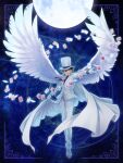  1boy blue_eyes blue_shirt brown_hair card_(medium) collared_shirt feathered_wings formal full_body gloves grin hat jacket kaitou_kid long_sleeves looking_at_viewer magic_kaito monocle necktie pant_suit pants red_necktie remsor076 shirt short_hair smile solo suit white_gloves white_headwear white_jacket white_pants white_wings wing_collar wings 