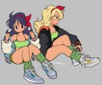  2girls bare_shoulders black_jacket blonde_hair blue_eyes blue_footwear blue_jacket bow breasts can cleavage closed_mouth collarbone dragon_ball dragon_ball_z green_socks grey_background grey_footwear hair_bow holding holding_can hood hood_down hooded_jacket jacket long_hair lunch_(dragon_ball) mago multiple_girls open_clothes open_jacket parted_lips purple_eyes purple_hair red_bow shoes signature simple_background sitting smile sneakers socks 