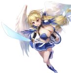  1girl angel angel_wings astraea blonde_hair boots breasts cleavage collar highres kuza_brs large_breasts long_hair low-tied_long_hair midriff navel open_mouth red_eyes shield solo sora_no_otoshimono sword very_long_hair weapon wings 