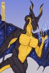  anthro black_body dragon galaxy hi_res horn hynvale kazurkan magic male running scalie serious_face solo western_dragon wings yellow_body yellow_eyes 