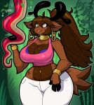  anthro bracelet breasts brown_body brown_fur brown_hair capreoline cervid cleavage clothed clothing ear_piercing female fur hair hypnofood jewelry jungle mammal midriff navel navel_piercing neck_ring piercing reina_(hypnofood) reindeer reptile scalie shirt smile snake solo tank_top thick_thighs topwear wide_hips 