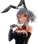  1girl absurdres afindex animal_ears breasts cuffs elf hair_ornament hairclip highres large_breasts necktie original playboy_bunny pointy_ears rabbit_ears red_eyes upper_body white_hair 